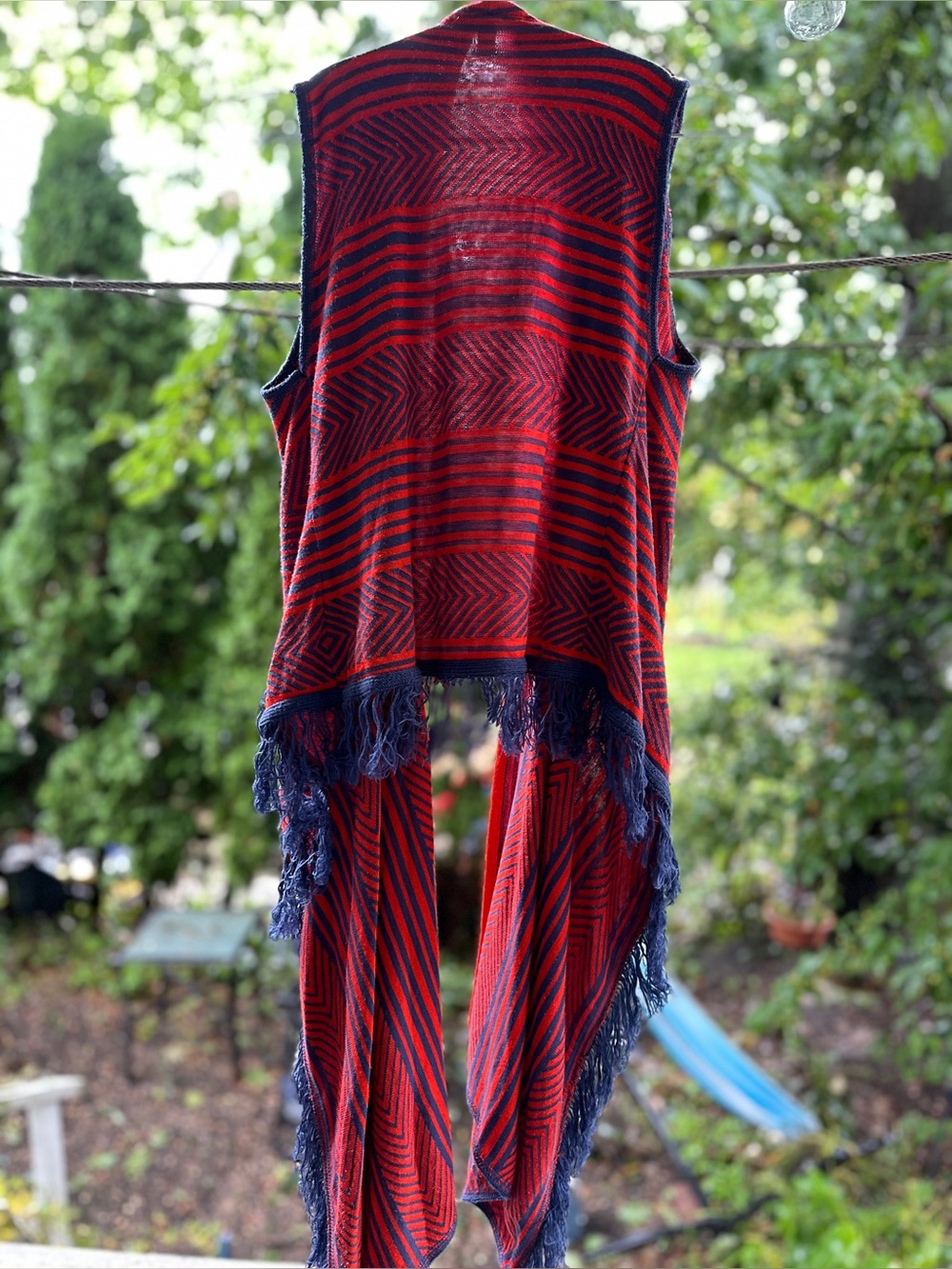 Say What? Red and Navy Striped Fringe Sleeveless Poncho
